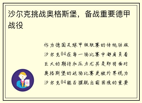 沙尔克挑战奥格斯堡，备战重要德甲战役